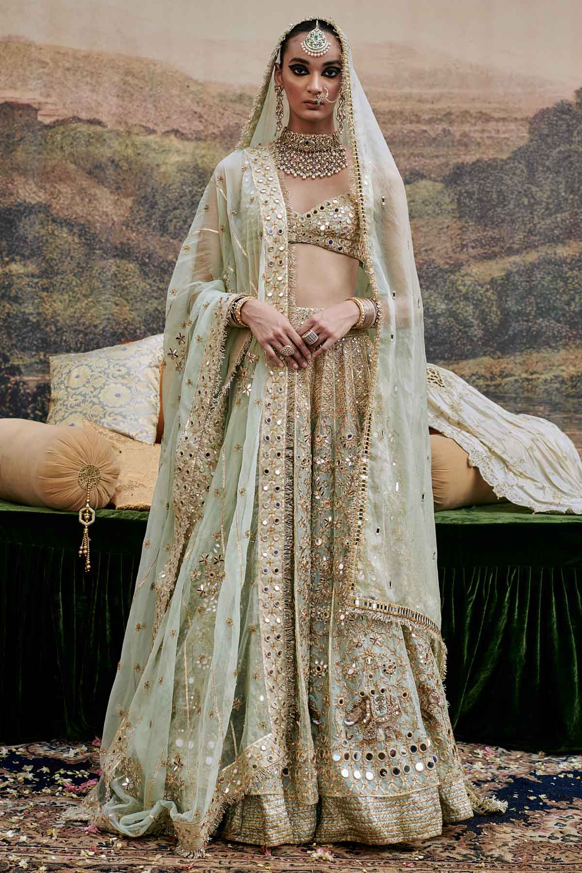 Buy ITRH, Designer Blue Organza Lehenga Set & Veil Online